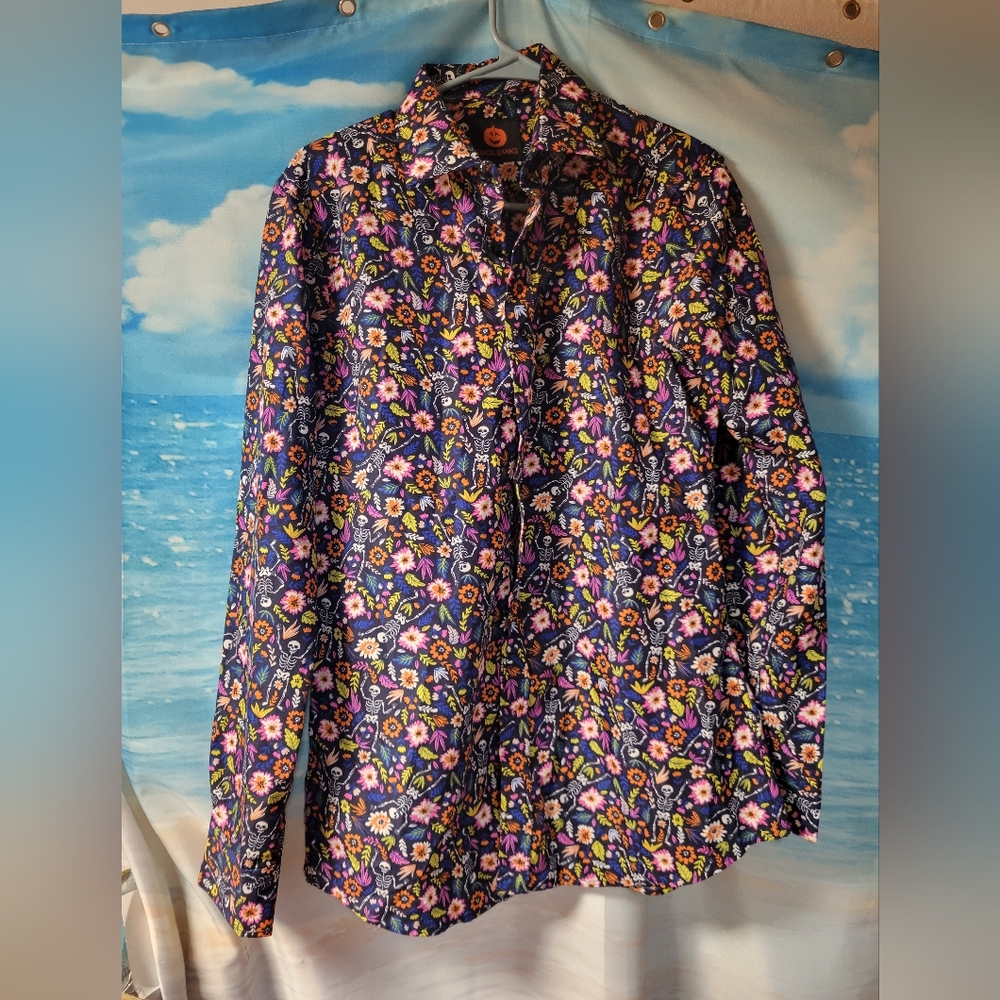 Simon Banks NWOT Mens Halloween Skeleton Long Sleeve Button Down Shirt Size Smal